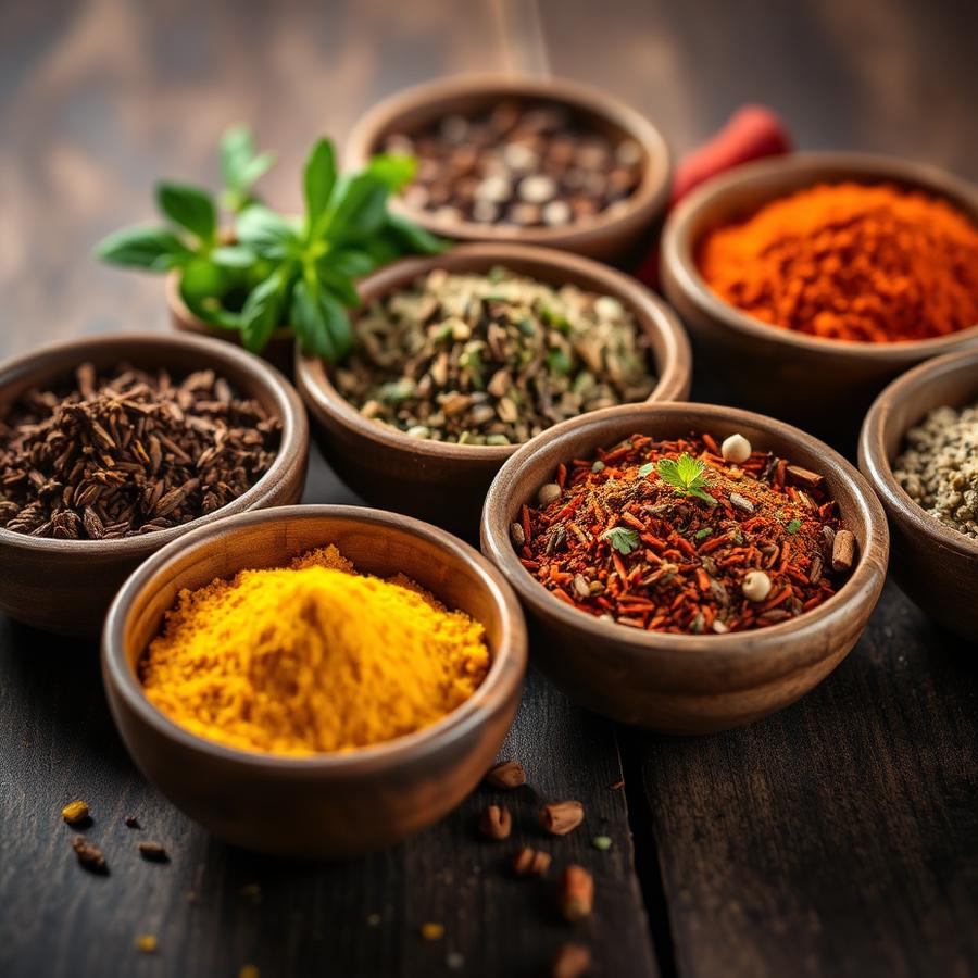 Épices et herbes fraîches en petits bols