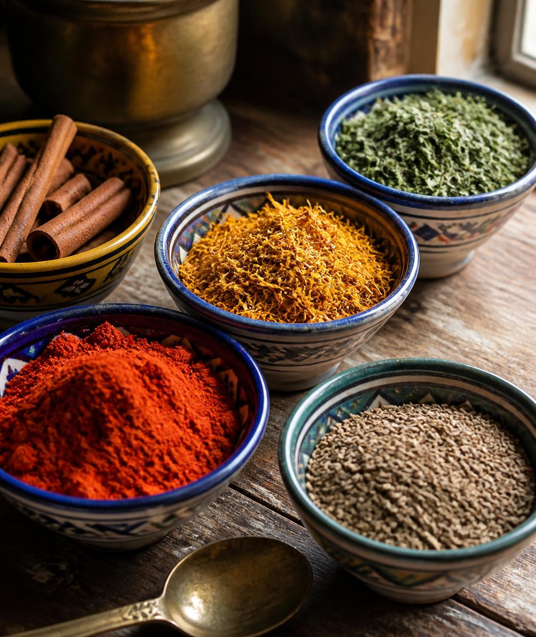Épices marocaines dans de petits bols en céramique artisanale